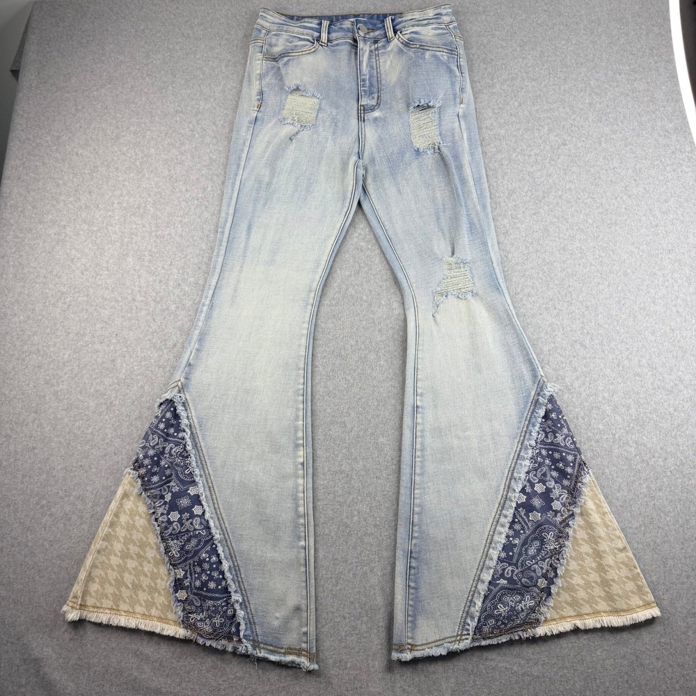 POL Womens Light Wash Distressed Flare Jeans Patchwork Paisley Bell Bottom Med